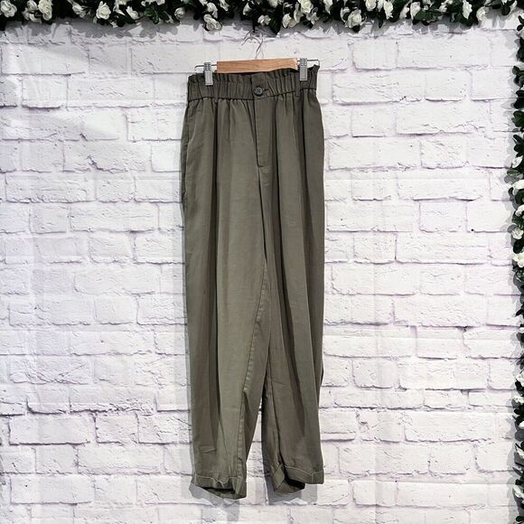 Zara Paperbag High Waist Pants Casual Elastic Waist Size XS Pockets‎ Green - Picture 1 of 10